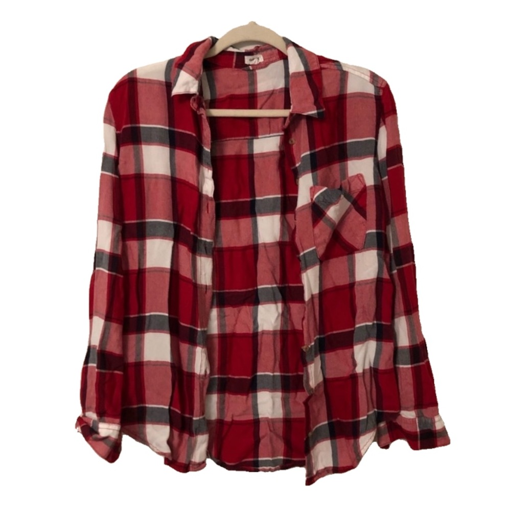 Garage Red Plaid Boyfriend Flannel Button Up Long Sleeve Shirt